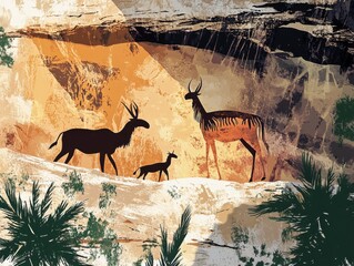 Wildlife encounter ancient cave art natural landscape digital illustration vibrant colors conceptual perspective