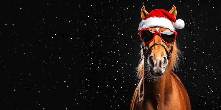 Elegant Horse Portrait in Santa Hat and Sunglasses Against a Starry Christmas Night Sky