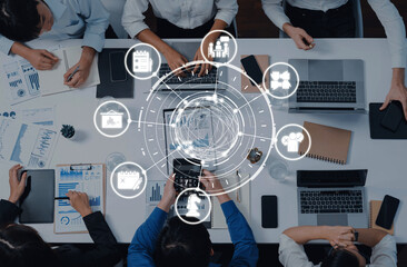 Project planning icons showing business management, teamwork, scheduling, strategic planning, project development, organization, and goal setting with modern workflow and process management. Entice