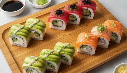Colorful sushi platter featuring fresh seafood and vibrant toppings arranged on a wooden board