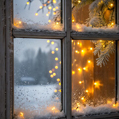 Snowy window with christmas lights and tree branches