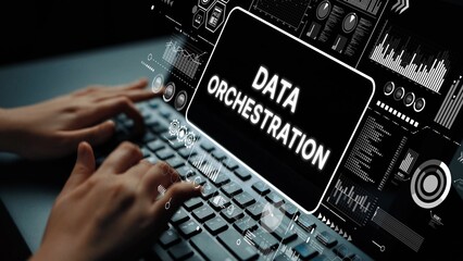 Hands Typing on Keyboard with Data Orchestration Graphic Overlay in Modern Digital Workspace. Asymptotic smart data analytic.