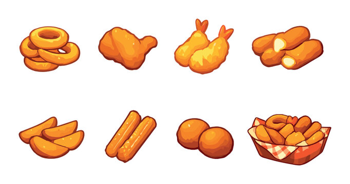 Variety of fried snacks including onion rings, chicken drumsticks, and mozzarella sticks