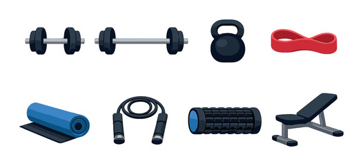 Set of fitness equipment vector illustration with dumbbells, kettlebell, resistance band, and more
