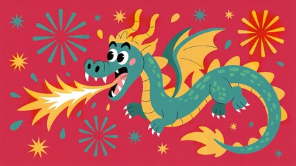 Obraz premium Vibrant cartoon dragon breathing fire, surrounded by festive stars on a bright red background.