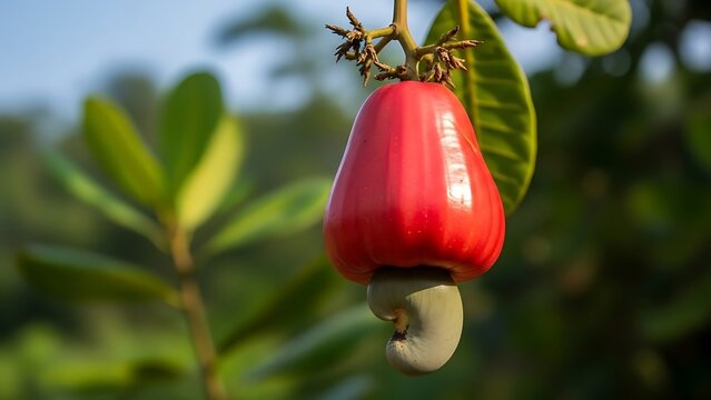 Ripe Red Cashew Fruit Hanging on a Branch with Green Leaves in the Background