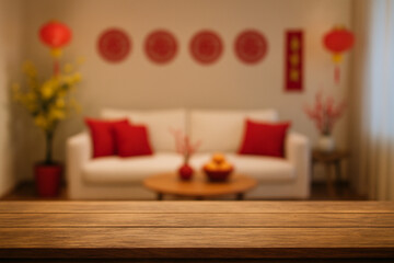 wooden top table with blurry background living room chinese new year decoration