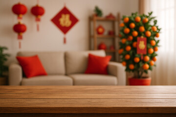 wooden top table with blurry background living room chinese new year decoration