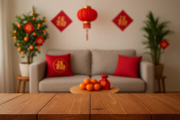 wooden top table with blurry background living room chinese new year decoration