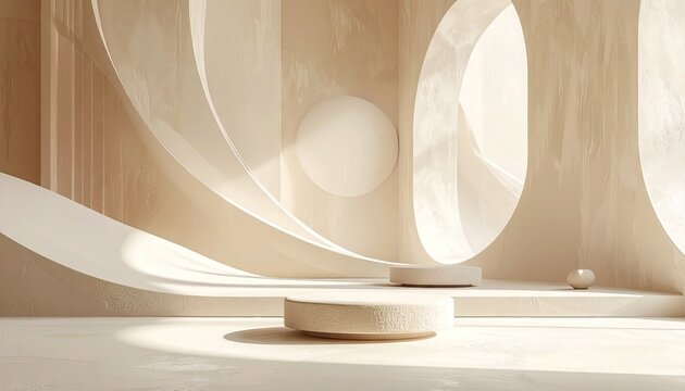 Minimalist interior design with soft natural light illuminating cream colored walls and abstract curved forms creating a serene and modern ambiance with geometric pedestals for display - Powered by Adobe