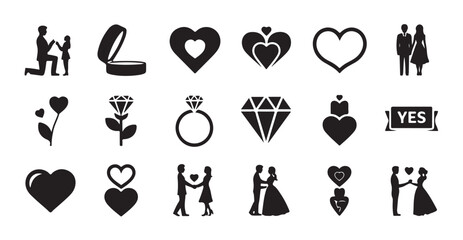 Obraz premium Valentine's day love wedding icons set. black hearts, people silhouettes, rings and flowers