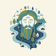 Nature Spirit Illustration with River and Mountain Elements.