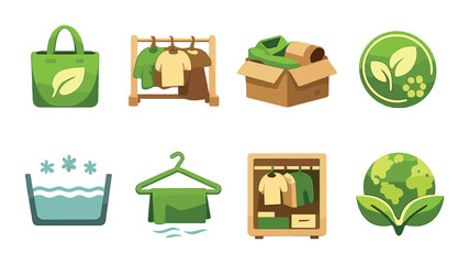 Eco-friendly laundry and clothing icons illustrating sustainable practices