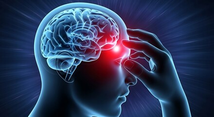 Obraz premium 3D Illustration of a Human Head Showing Migraine Pain or Brain Pressure with a Red Glowing Spot and Hand Indicating Discomfort