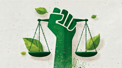 Symbolic balance scale with green leaves and raised fist representing harmony between environmental sustainability and social justice activism