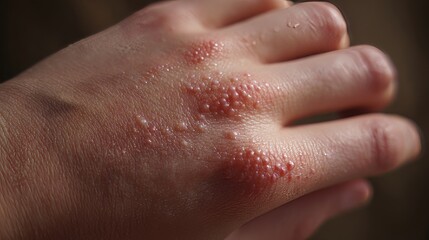 Close-Up of Human Hand with Dermatological Skin Condition Showing Inflamed Red and White Bumps
