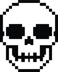 Pixel Art Style Black and White Human Skull Icon.