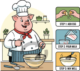 Pig Chef Preparing Food with StepbyStep Instructions.