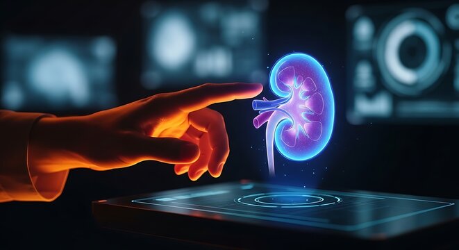 Futuristic Medical Interface Showing a Glowing Holographic Human Kidney Being Analyzed by a Healthcare Professional - Powered by Adobe