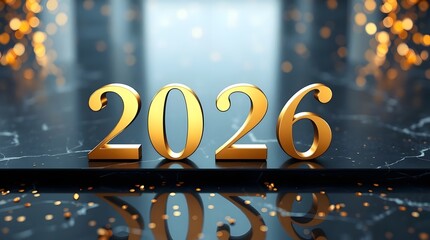 3D Golden 2026 Text on Dark Surface with Soft Blue Bokeh Background