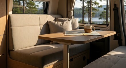 Fototapeta premium Cozy camper dining bench setup with steaming coffee and a travel map, overlooking a serene lake and forest for an outdoor adventure concept