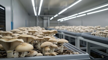 Mushroom cultivation process in indoor farm agriculture photography controlled environment close-up growing techniques