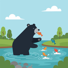 Illustration of a bear catching fish in a river.