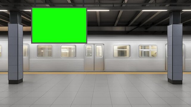Modern subway station interior featuring an overhead digital billboard with chroma key green screen and train standing on the platform. Ideal for advertising mockups, transportation concepts, urban ma