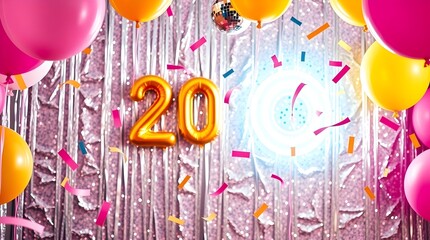 Golden Number 20 Foil Balloons on Silver Tinsel Backdrop with Confetti for Anniversary or New Year Celebration