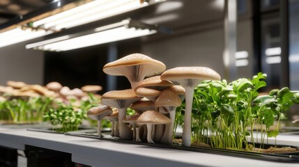 Cultivating mushrooms and greens in urban hydroponics indoor garden photography contemporary setting close-up sustainable agriculture