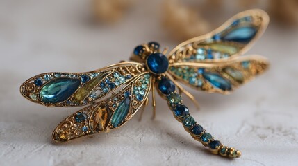 Fototapeta premium Ornate Dragonfly Brooch With Gold Metalwork And Colorful Gemstones Blue Green Amber Decorative Jewelry Accessory Symbolizing Elegance Fashion And Craftsmanship