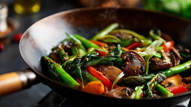 Colorful vegetable stir fry served in wok with drizzle of soy sauce, Asian mixed vegetable dish, fermented condiment topping, healthy wok-cooked meal, Chinese cuisine preparation, with copy space