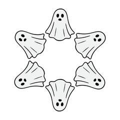 Logo con dibujo minimalista con líneas de un grupo de fantasmas formando una estrella, para felicitaciones y tarjetas de Halloween © teracreonte