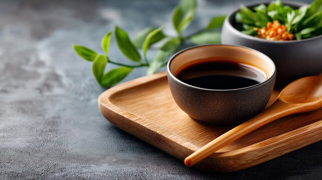 Soy sauce salty dark sauce made from fermented soybeans and wheat, essential in Asian cuisine for marinades stir-fries and as dipping sauce for sushi, condiment description, with copy space