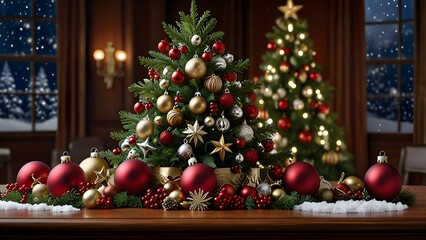 Cosy Christmas Tree with Red Ornaments on Rustic Wood Background.