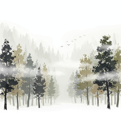 A clean vector illustration of a pine forest with tall trees and a calm natural atmosphere.