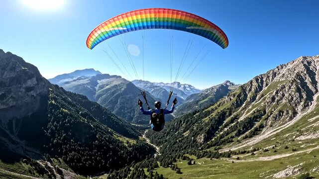 Person paragliding over green mountainous landscape with sunny blue sky.