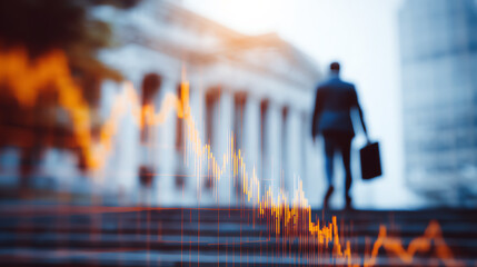 Silhouette of a businessman walking with a briefcase in front of stock market data and urban backdrop.