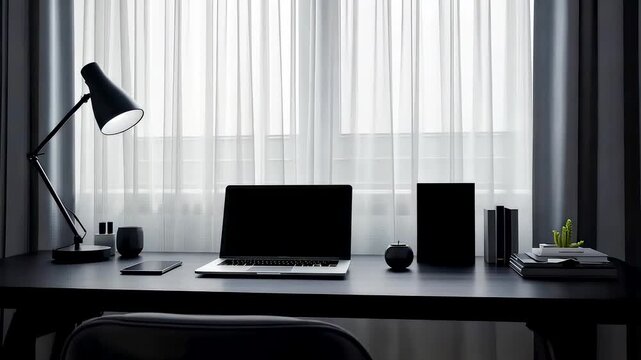 Modern Minimal Desk Setup Laptop Speaker Lamp Plant Books Window Sheer Curtains Natural Light Home Office Workspace