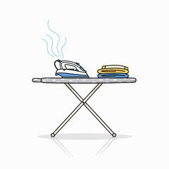 Household items including a table, clothing, and an iron for daily home activities.