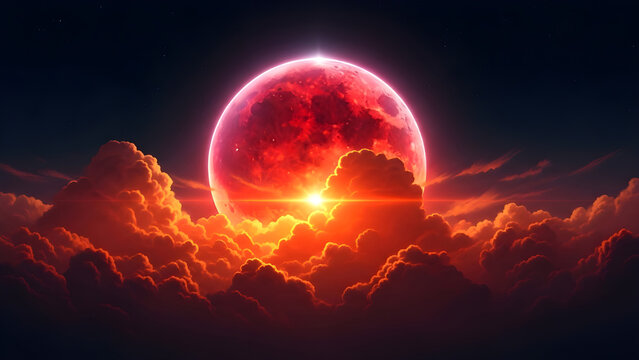 Dramatic view of a massive, glowing red blood moon rising above fiery, illuminated clouds in a dark night sky, fantasy celestial landscape - Powered by Adobe