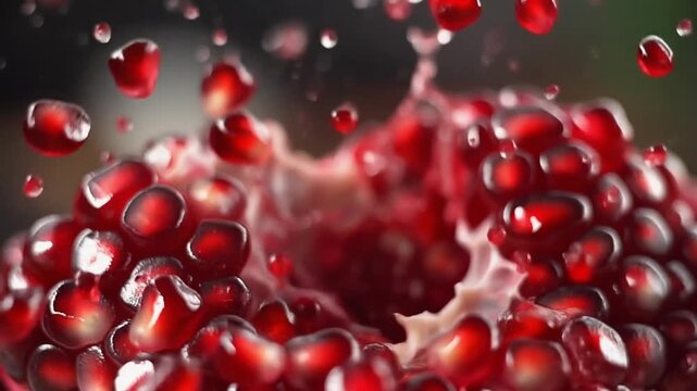 Dynamic close-up captures the vibrant explosion of ruby red pomegranate seeds, bursting with fresh, juicy arils and healthy goodness in a captivating splash