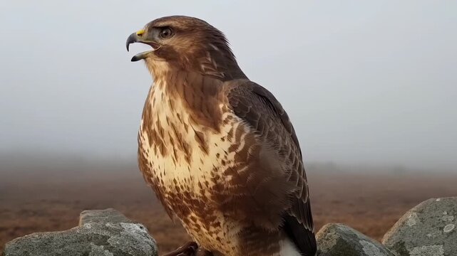 Hawk sits on rock in foggy field with beak open. Wild hawk calls in misty nature landscape. Bird of prey perches on rock in fog. Hawk with feather detail in wild habitat. Raptor bird sits on rock in