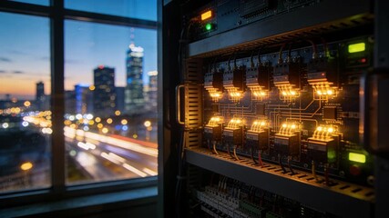 A glowing server rack data center network switch ethernet cable circuit board blinking light technology urban skyline night city window reflection infrastructure connectivity fiber speed traffic c - Powered by Adobe