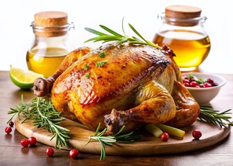 Juicy Roasted Chicken with Rosemary, Isolated on White Background