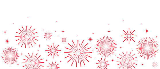 Elegant red fireworks burst and sparkling stars on clean white background, festive celebration illustration for New Year, holiday party, greeting card, luxury event design, minimalist style vector. © bibin