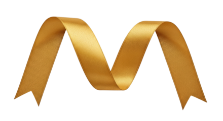 A shimmering golden ribbon with a textured surface elegantly curves in an m shape isolated on transparent background