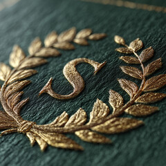 Golden embroidered letter S with laurel wreath luxury emblem design closeup