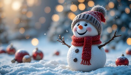 Cute snowman wearing a hat and scarf standing on snow during the Christmas winter holiday