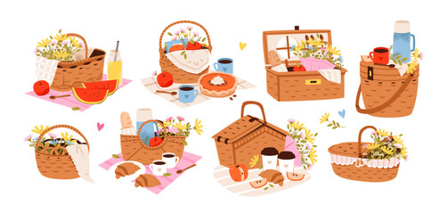 Cozy Picnic Basket with Food and Flowers. Spring picnic and cozy outdoor weekend. Spring and summer lifestyle, food, and leisure concepts. Flat vector illustration set.